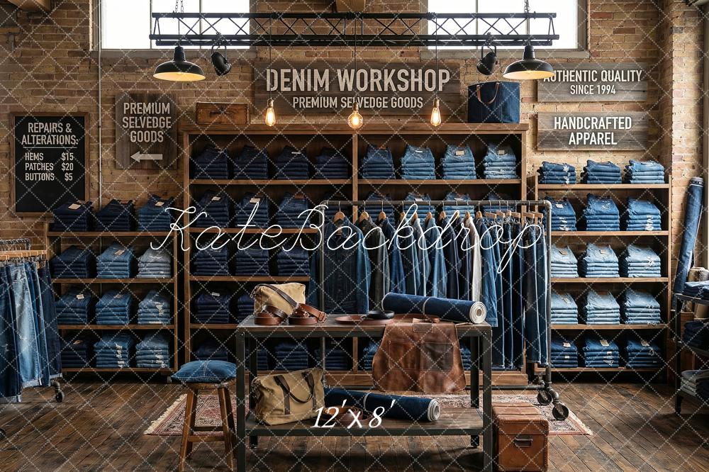 Kate Denim Workshop Brick Wall Shelves Printed Backdrop Designed by Patty Roberts