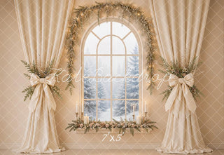 Kate Christmas Beige Drapes Flower Arch Window Printed Backdrop Designed by Emetselch