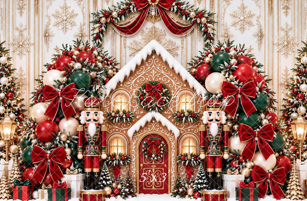 Kate Christmas Gingerbread House Nutcracker Arch Red Bow Snow Printed Backdrop Designed by Ashley Paul