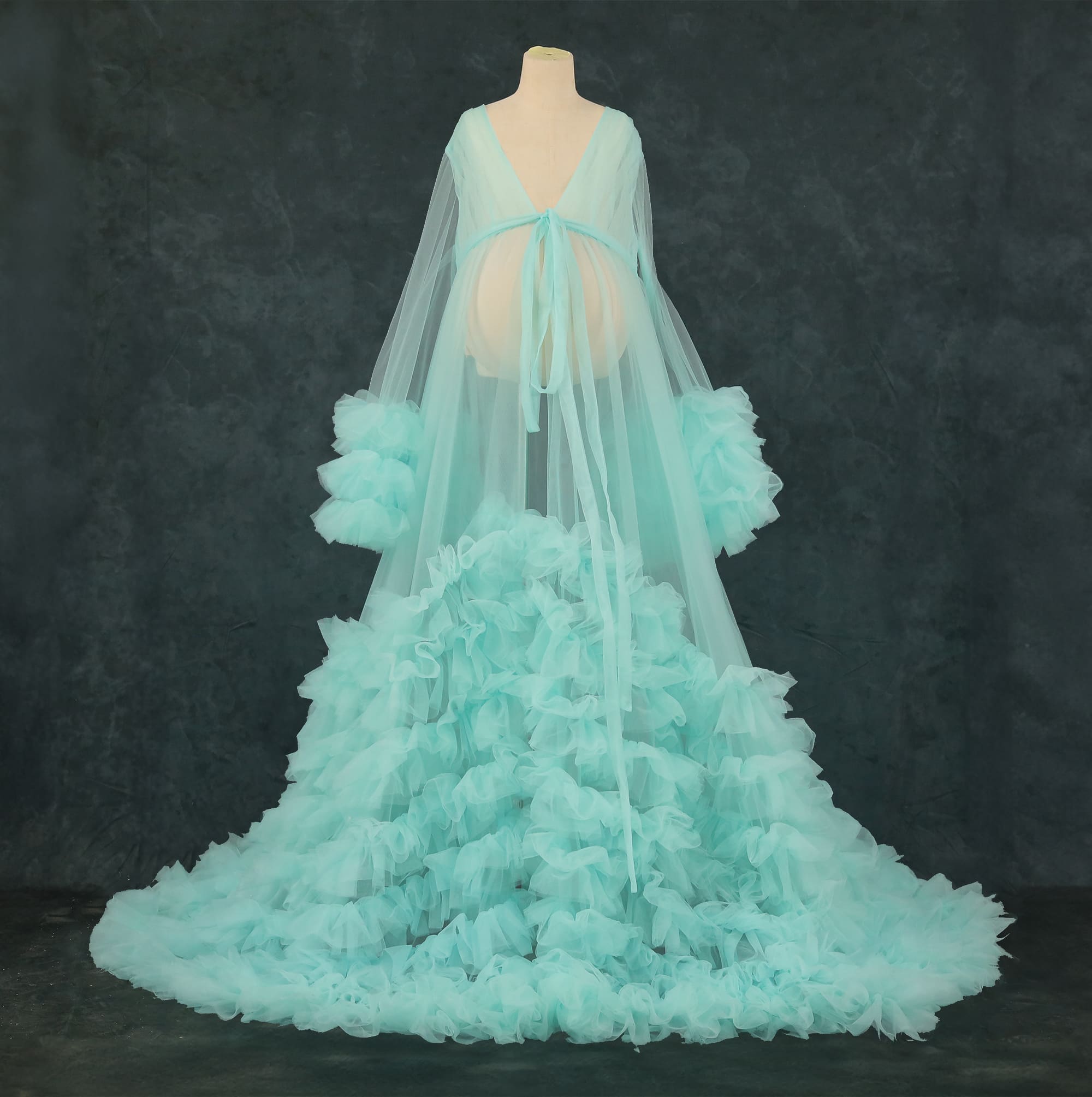 Kate Mesh V-neck Trailing Mid Sleeve Custom Maternity Photoshoot Gowns