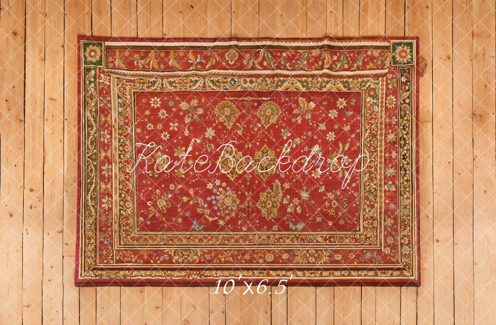 Kate Red Ornate Rug on Wood Floor Printed Backdrop Designed by Kate Image