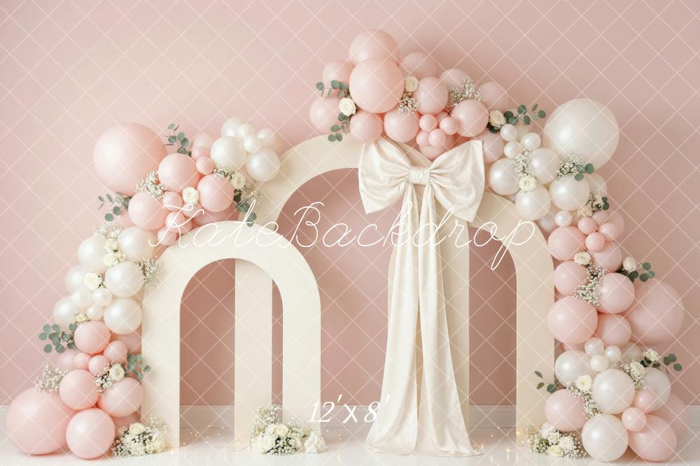 Kate Cake Smash Pink Balloon Arch Bow Flowers Printed Backdrop Designed by Patty Roberts