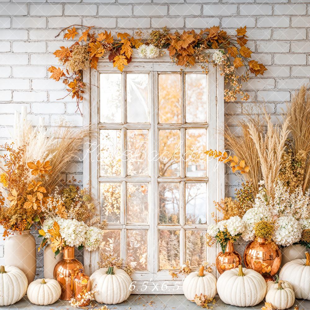 Kate Fall White Pumpkins Rustic Window Dried Flowers Vase Backdrop Designed by Emetselch