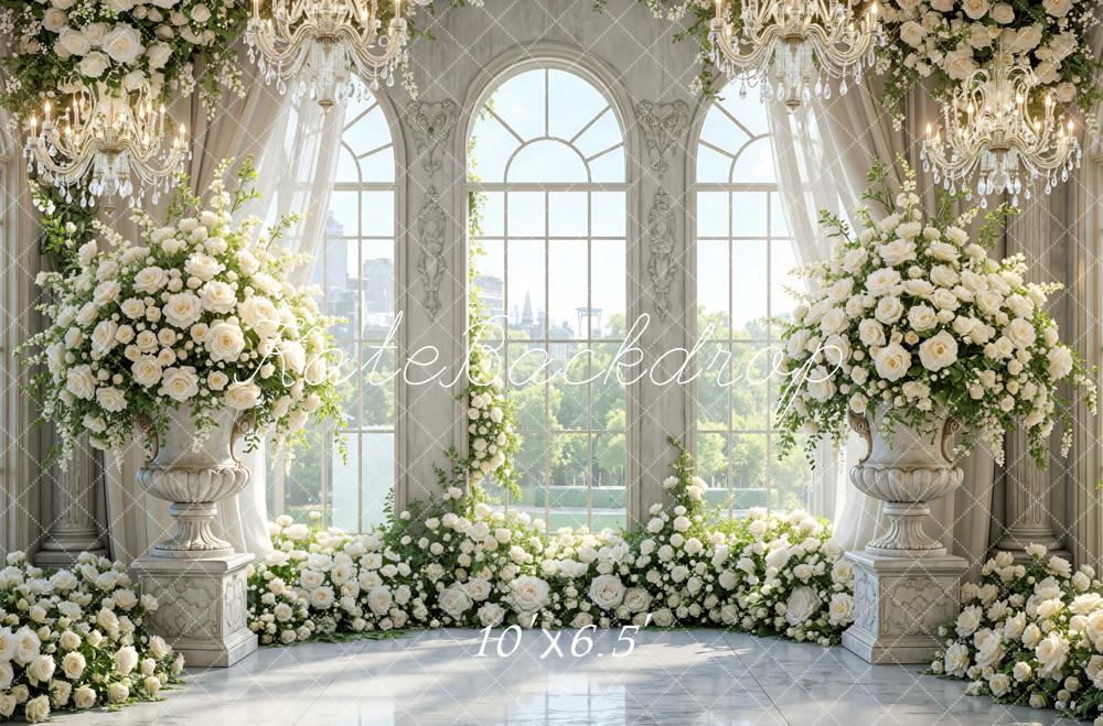 Kate White Flower Arch Elegant Window Chandelier Printed Backdrop Designed by Mini MakeBelieve