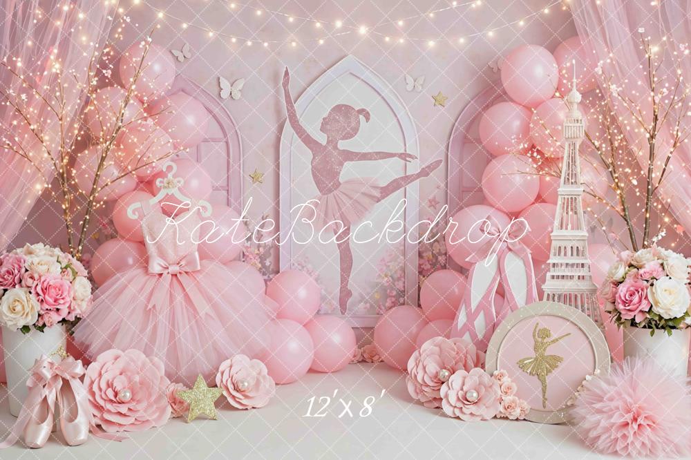 Kate Ballerina Pink Ballet Dress Eiffel Tower Flowers Balloons Printed Backdrop Designed by Mini MakeBelieve