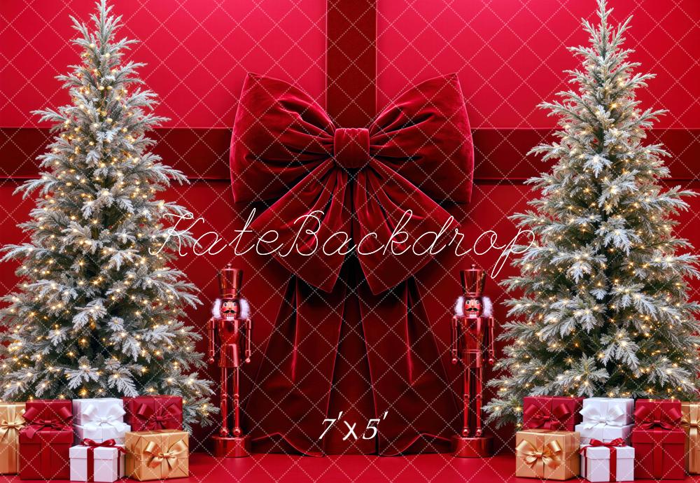 Kate Christmas Red Velvet Bow Christmas Trees Gift Printed Backdrop Designed by Mini MakeBelieve