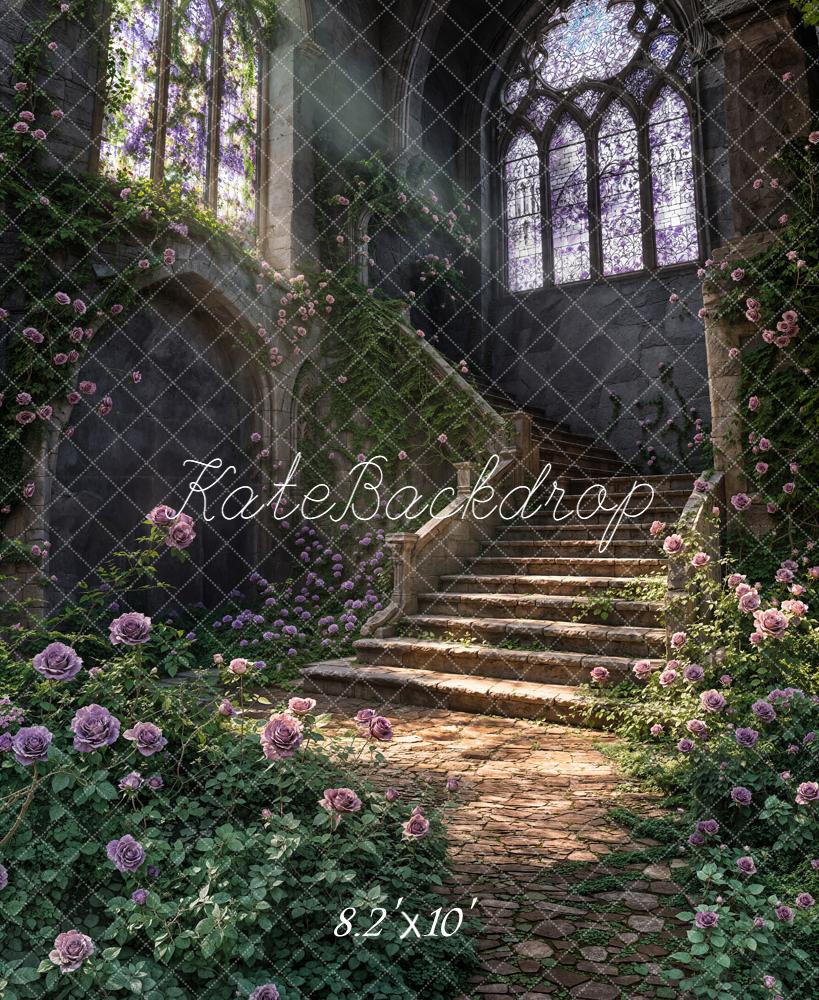 Kate Spring Cascading Stairs Stained Glass Rose Garden Printed Backdrop Designed by Chain Photography