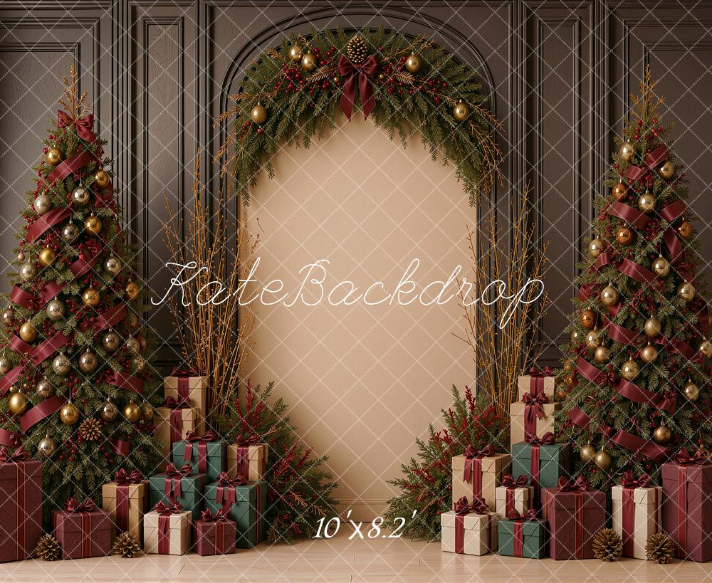 Kate Christmas Tree Red Ribbon Bow Arch Gift Vintage Printed Backdrop Designed by Shutter Swan Studios