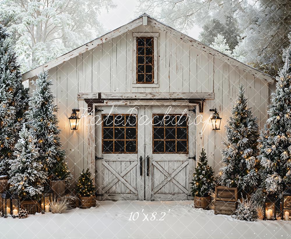 Kate Christmas Winter Snowy Barn Pine Trees Lanterns Backdrop Designed by Emetselch