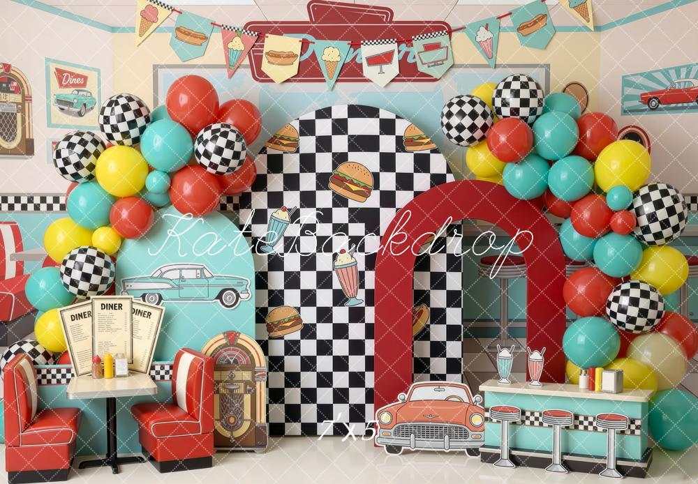 Kate Cake Smash Retro Diner Checkered Wall Balloons Booth Bar Counter Printed Backdrop Designed by Mini MakeBelieve