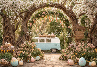 Kate Easter Bunny Flower Arch Vintage Van Printed Backdrop Designed by Emetselch