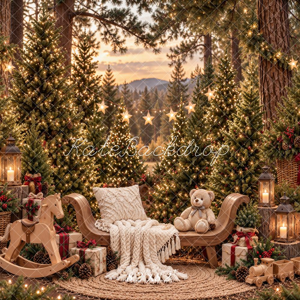 Kate Christmas Forest Cozy Rocking Horse Teddy Bear Printed Backdrop Designed by Emetselch