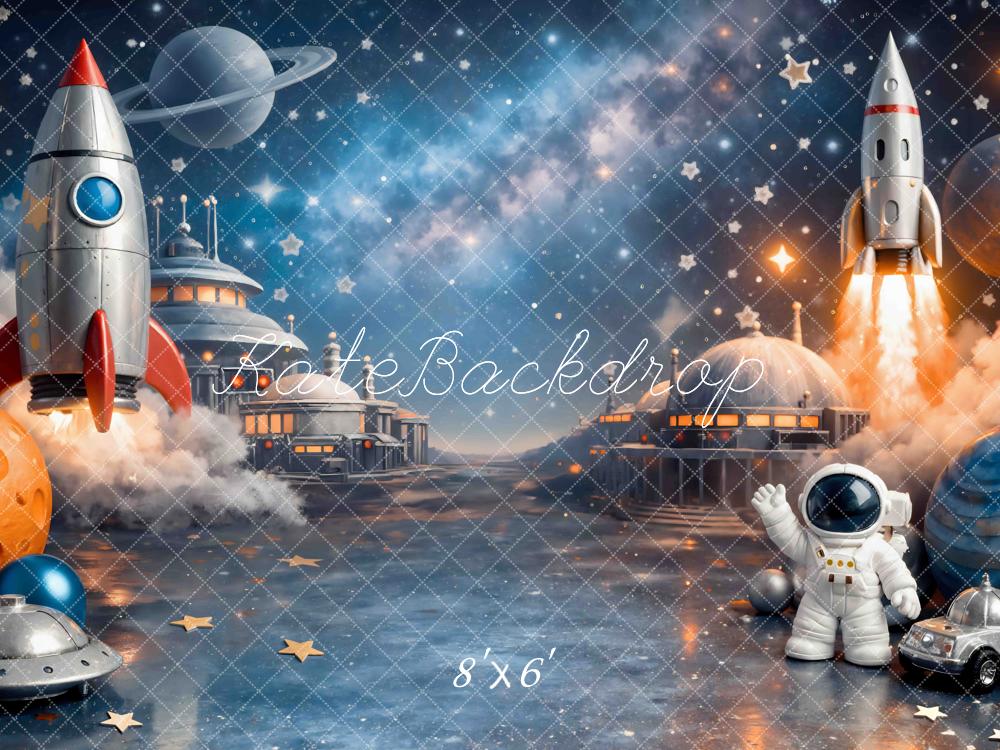 Kate Space Rocket Astronaut Planets Starry Sky Printed Backdrop Designed by Mini MakeBelieve