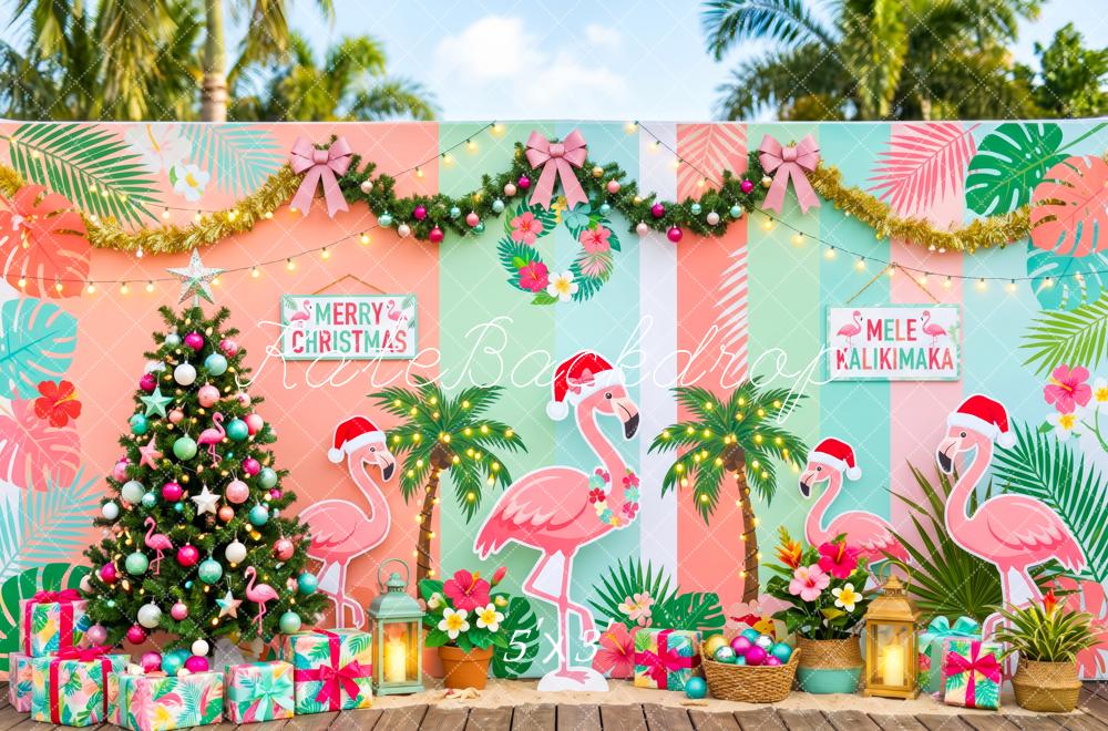 Kate Summer Christmas Flamingo Palm Tree Tropical Printed Backdrop Designed by Patty Roberts
