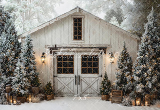 Kate Christmas Winter Snowy Barn Pine Trees Lanterns Printed Backdrop Designed by Emetselch