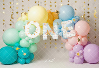 Kate Cake Smash 1st Birthday Balloon Arch Pastel Star Garland Printed Backdrop Designed by Emetselch