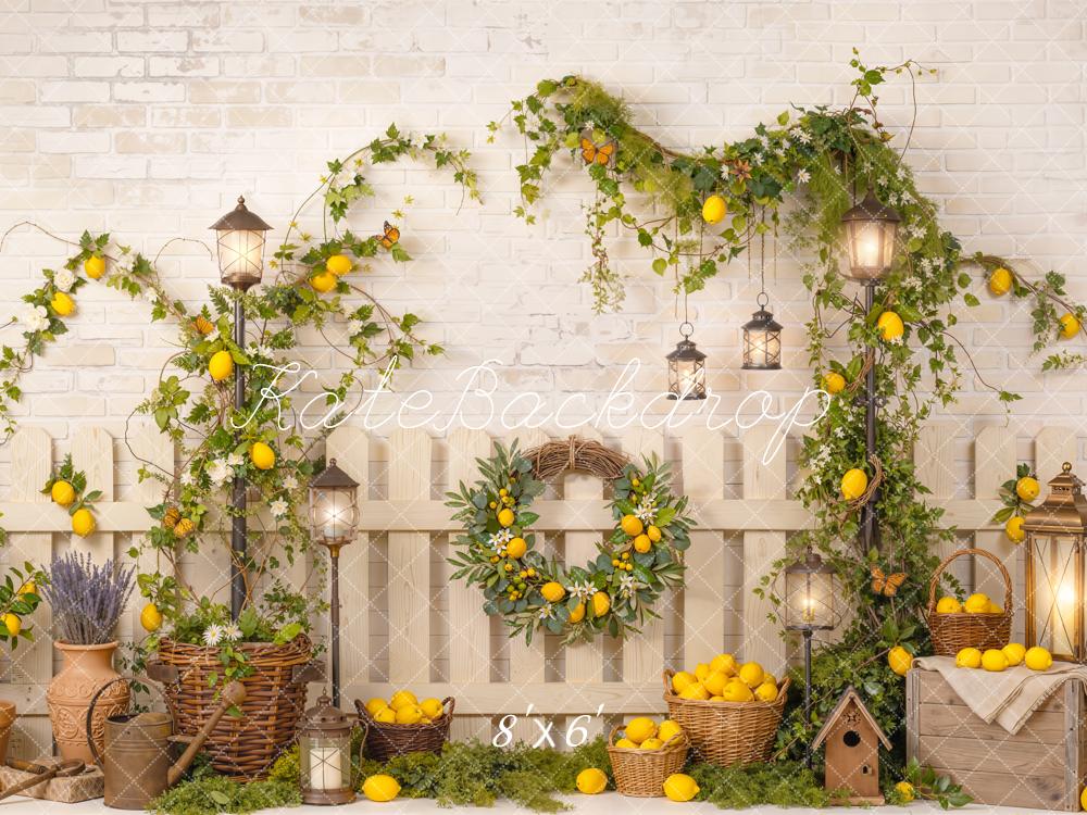 Kate Summer Lemon Vine Lantern Basket Rustic Fence Printed Backdrop Designed by Emetselch