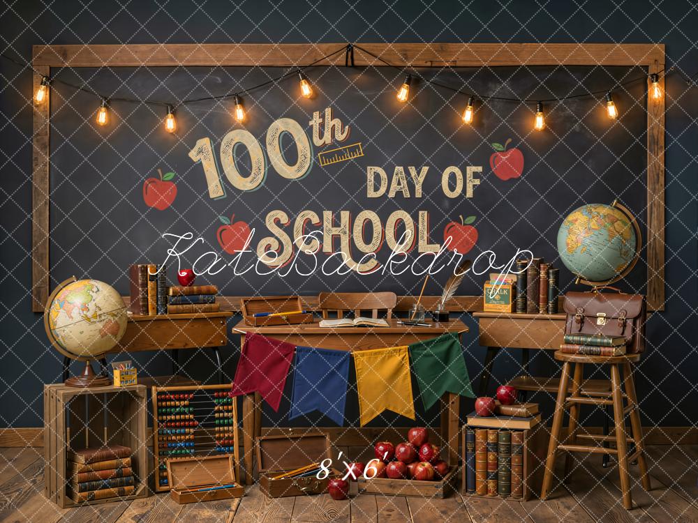 Kate 100th day of school Classroom Desk Books Apples Globe Chalkboard Printed Backdrop Designed by Emetselch