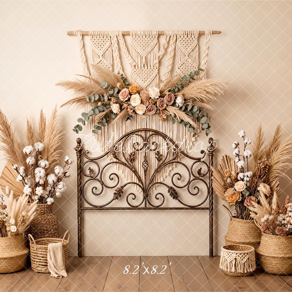 Kate Boho Headboard Macrame Dried Flowers Pampas Grass Beige Backdrop Designed by Emetselch