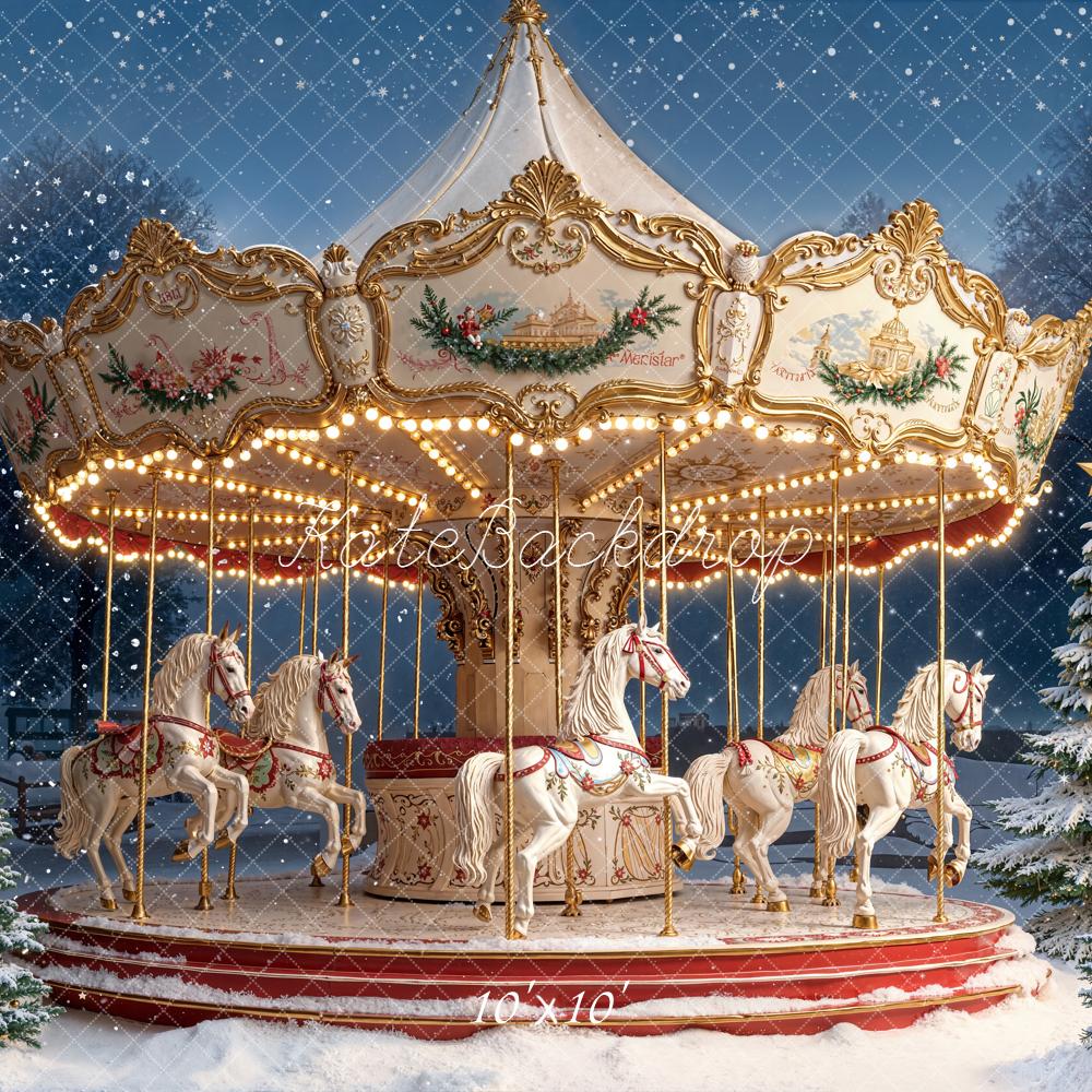 Kate Christmas Carousel Snowy Pine Trees Night Backdrop Designed by Emetselch