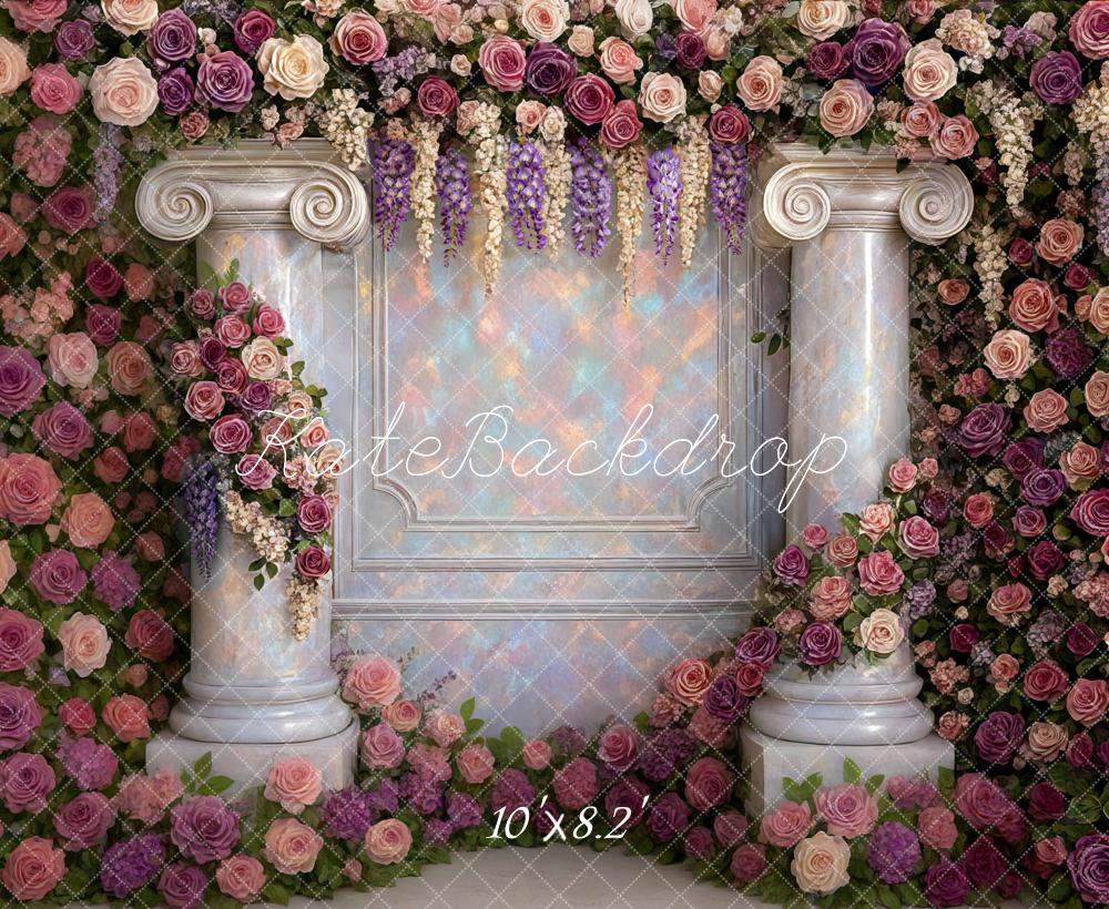 Kate Valentines Flower Wall Opal Columns Roses Backdrop Designed by Mini MakeBelieve