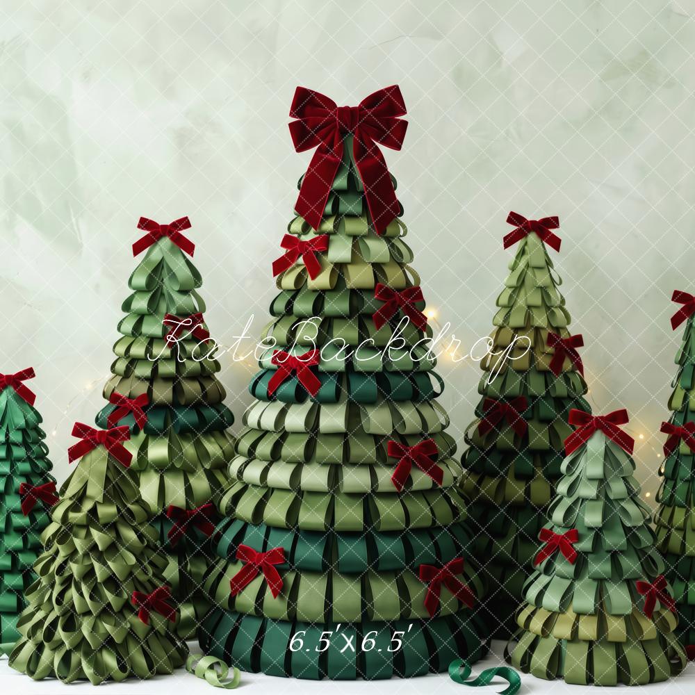Kate Christmas Green Ribbon Trees Red Bows Printed Backdrop Designed by Patty Roberts