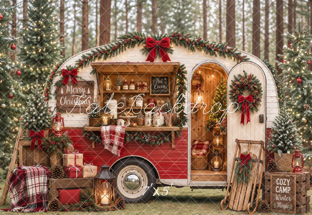 Kate Christmas Camper Red Plaid Hot Cocoa Sleigh Forest Printed Backdrop Designed by Emetselch