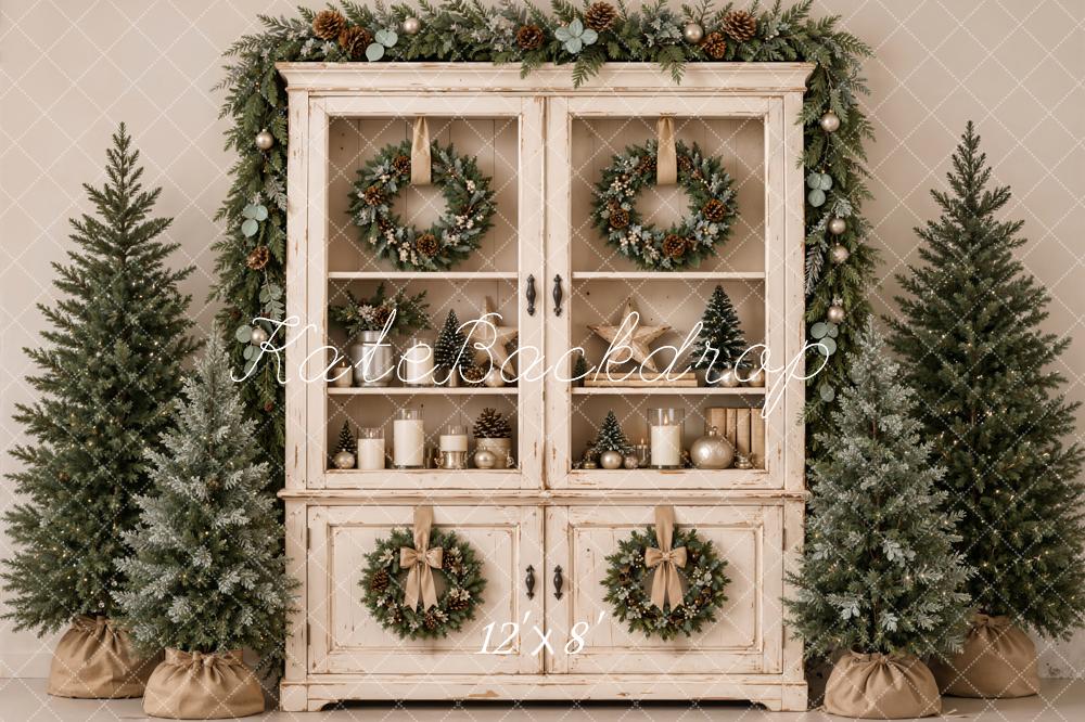 Kate Christmas Vintage Cabinet Wreaths Evergreen Trees Printed Backdrop Designed by Emetselch