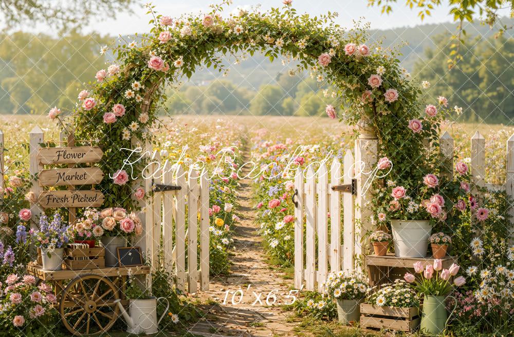 Kate Spring Pink Flower Arch Garden Fence Gate Path Field Printed Backdrop Designed by Emetselch
