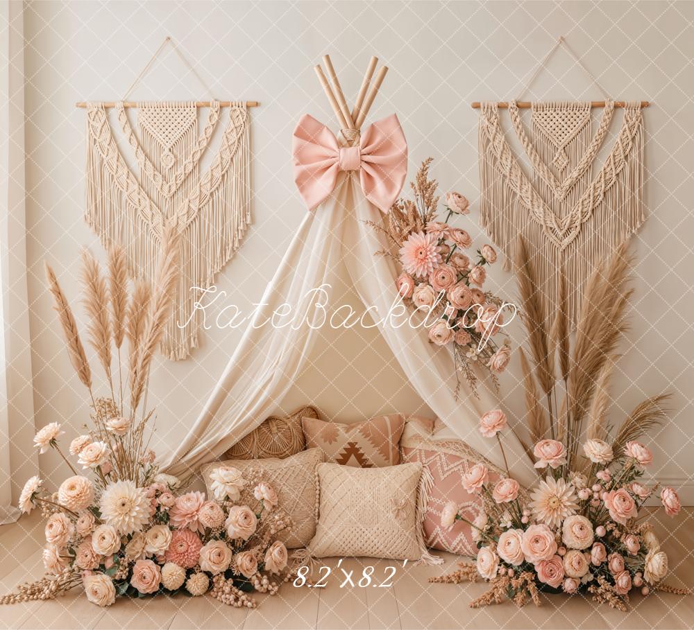 Kate Mother's Day Boho Canopy Flower Arch Macrame Bow Pink Backdrop Designed by Emetselch