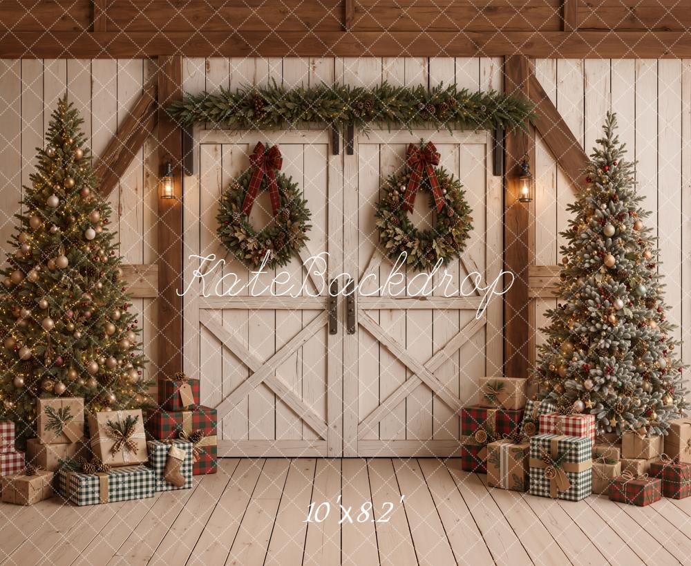 Kate Christmas Barn Doors Trees Wreaths Presents Printed Backdrop Designed by Emetselch