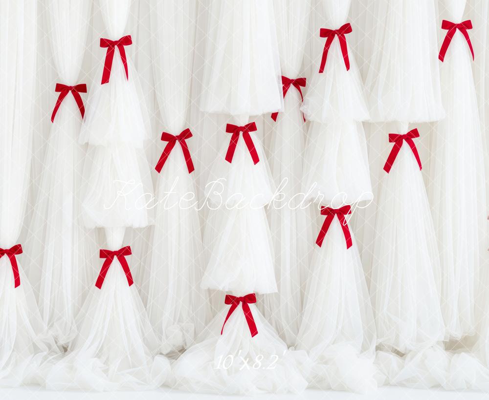 Kate White Tulle Curtains with Red Bows Backdrop Designed by Patty Roberts