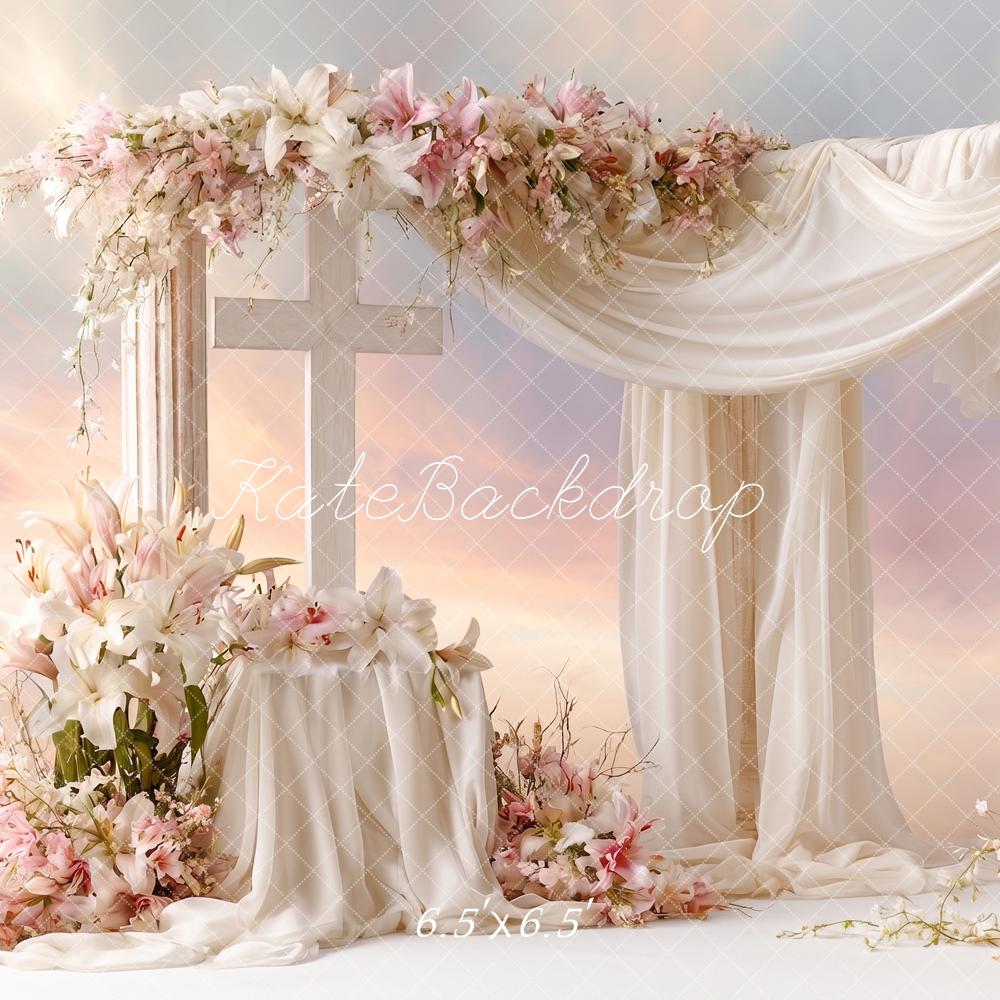 Kate Church Stage Cross Lillies Wedding Flower Arch Draped Columns Printed Backdrop Designed by Angela Miller