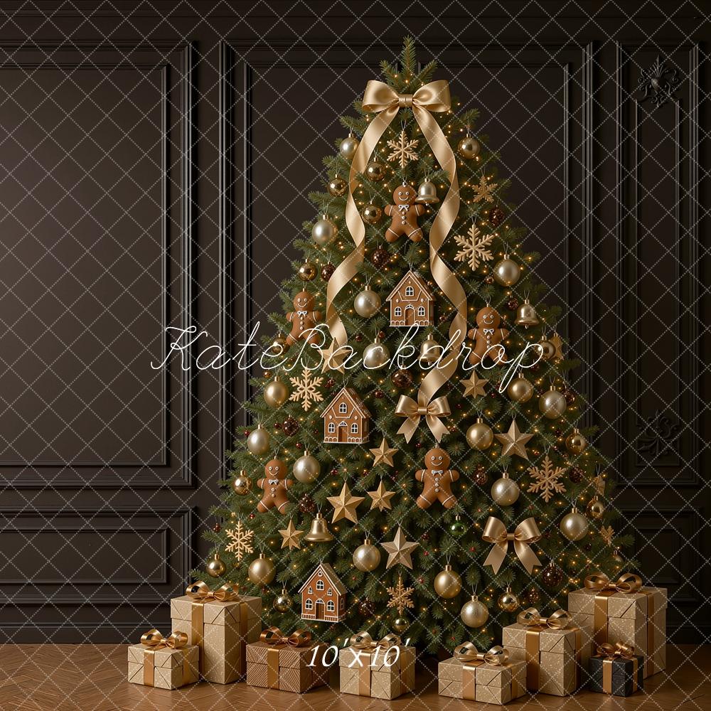 Kate Christmas Gingerbread Tree Gifts Black Paneled Wall Printed Backdrop Designed by Shutter Swan Studios