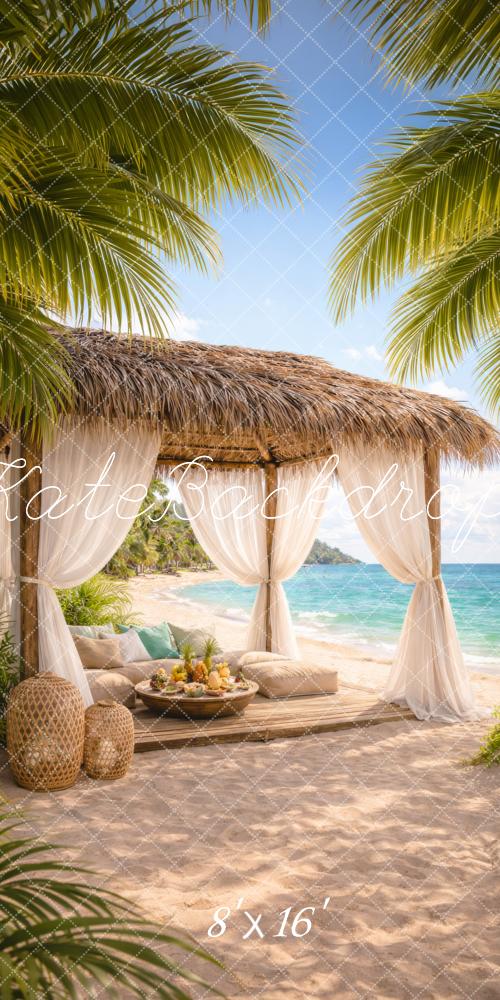 Kate Sweep Beach Cabana Palm Trees Ocean View Printed Backdrop Designed by Happy Squirrel Design