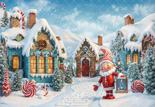 Sfondo di una casa innevata con elfo di Natale