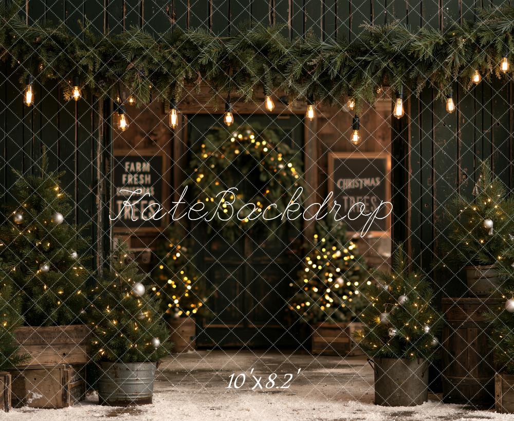 Kate Christmas Trees Farmhouse Evergreen Cabin Lights Printed Backdrop Designed by Emetselch