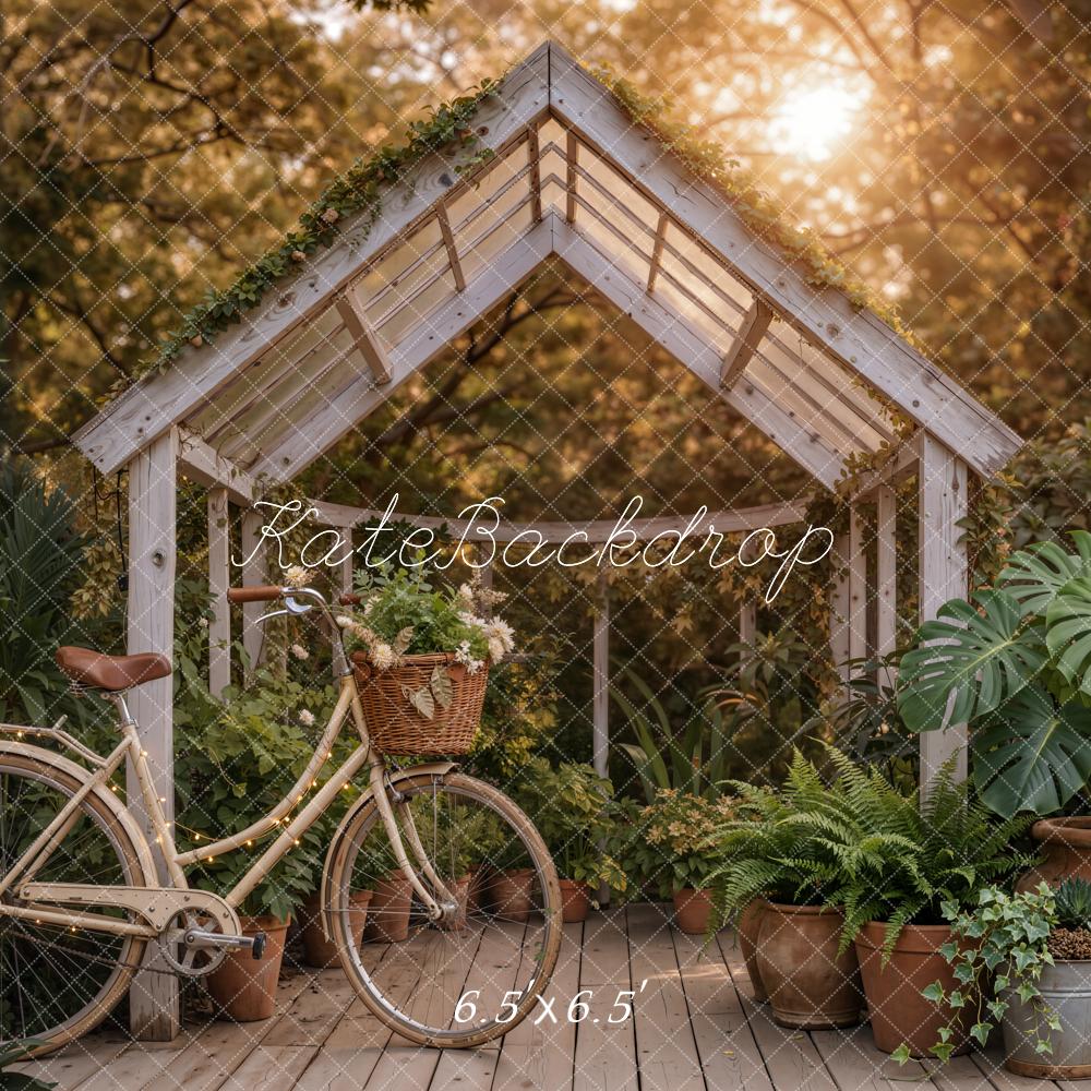 Kate Summer Garden Greenhouse Bicycle Potted Plants Printed Backdrop Designed by Emetselch