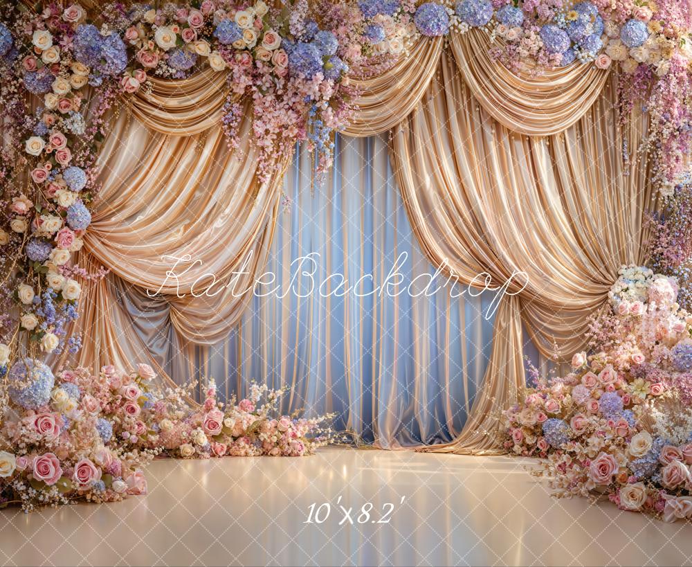 TEST Kate Spring Flower Arch Gold Drapes Pastel Roses Backdrop Designed by Emetselch
