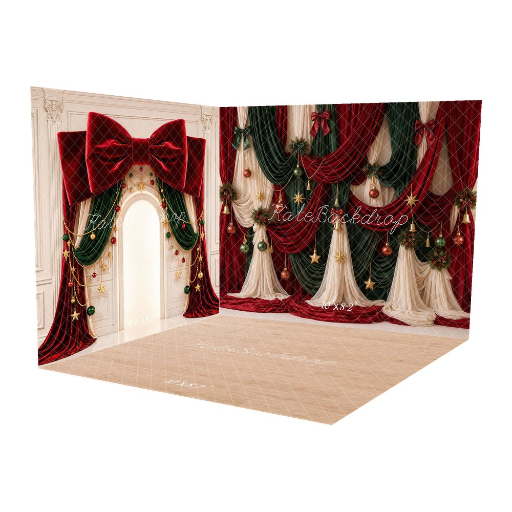 Kate Christmas Red Green Draped Curtains Ornaments Wreaths Printed Backdrop Room Set