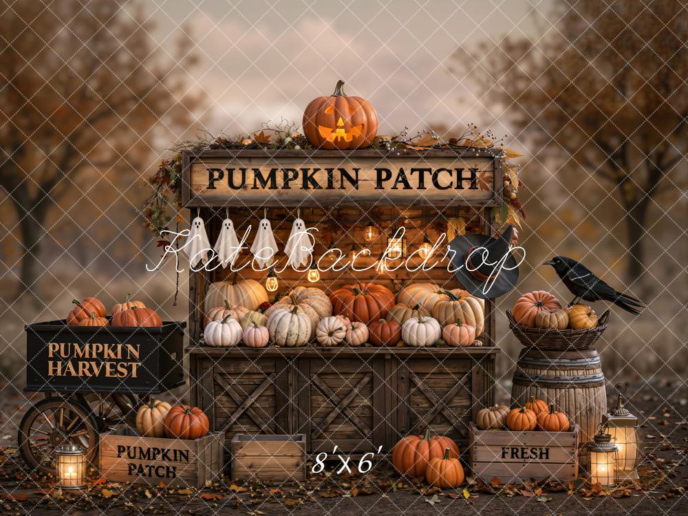 Kate Halloween Pumpkin Patch Ghosts Harvest Stand Forest Printed Backdrop Designed by Emetselch