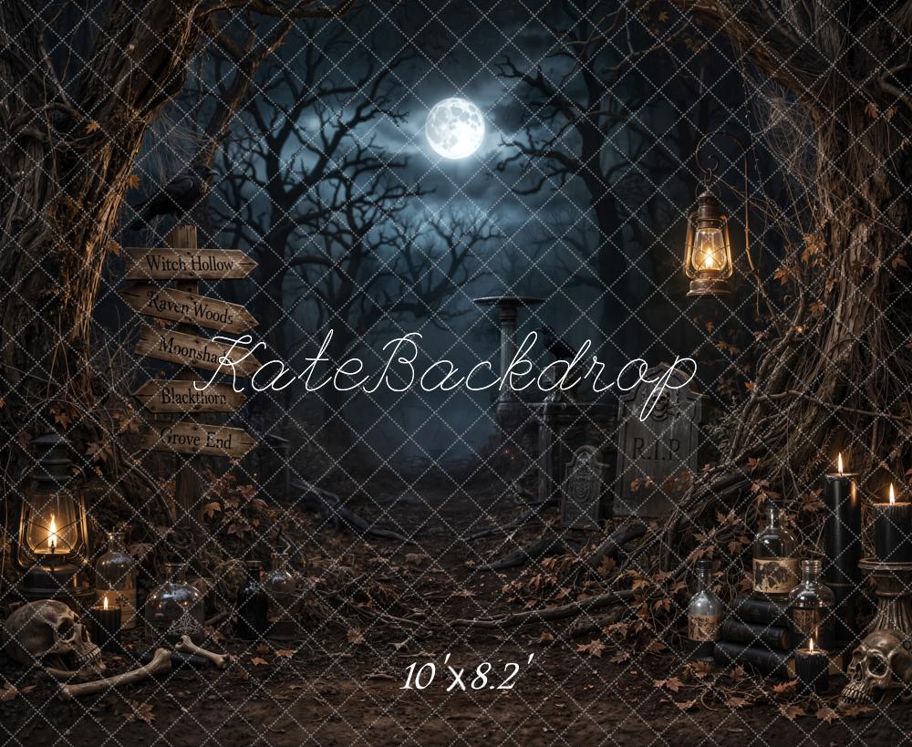 Kate Halloween Dark Forest Moon Graveyard Printed Backdrop Designed by Emetselch