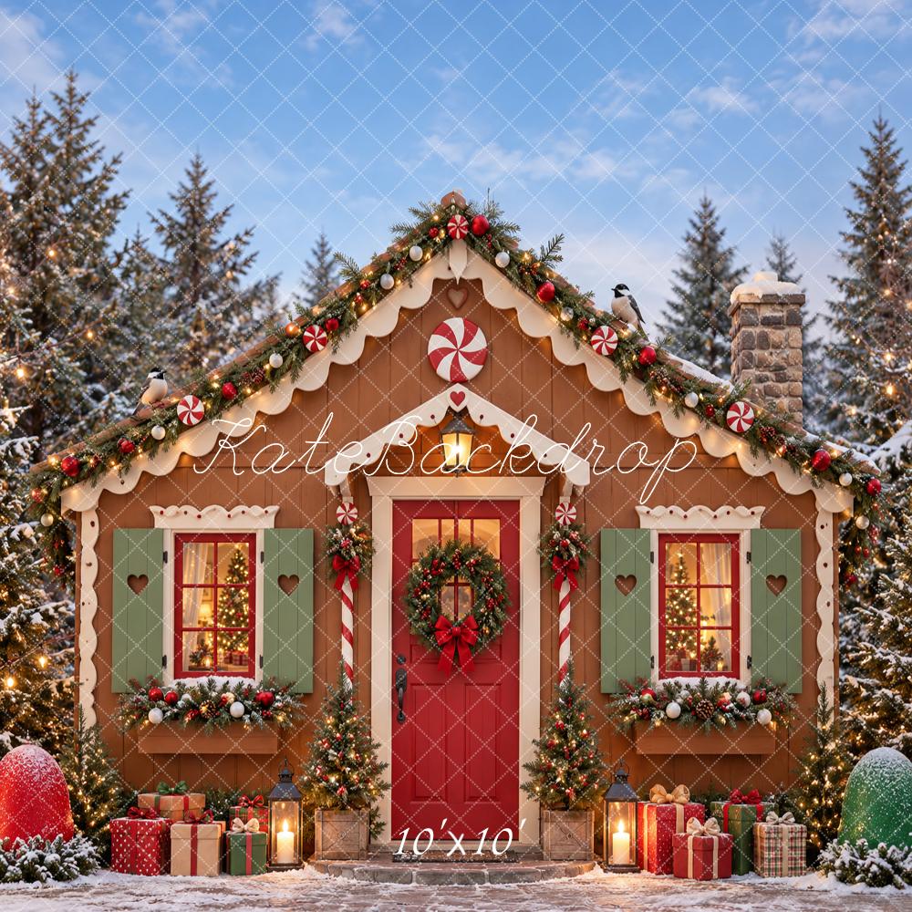 Kate Christmas Gingerbread Cottage Candy Cane Snowy Forest Printed Backdrop Designed by Vertigo Productions