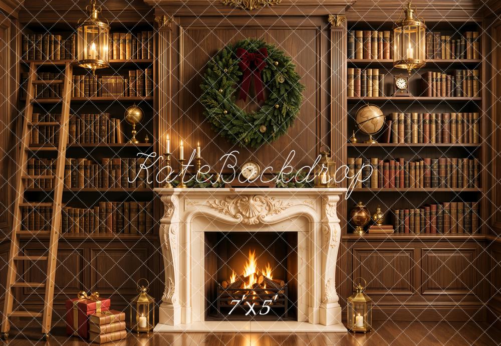 Kate Christmas Fireplace Retro Library Bookshelves Wreath Printed Backdrop Designed by Emetselch