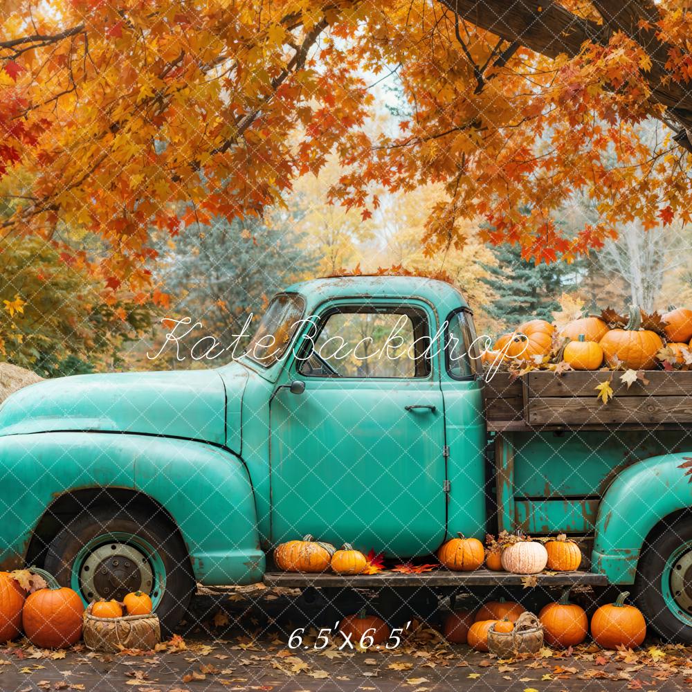 Kate Fall Vintage Blue Truck Pumpkins Maple Tree Backdrop Designed by Emetselch