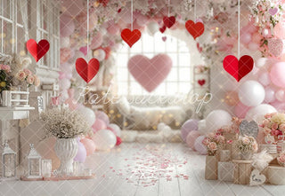 Kate Valentine's Day Hearts Pink Balloons Flowers Arch Printed Backdrop Designed by Emetselch