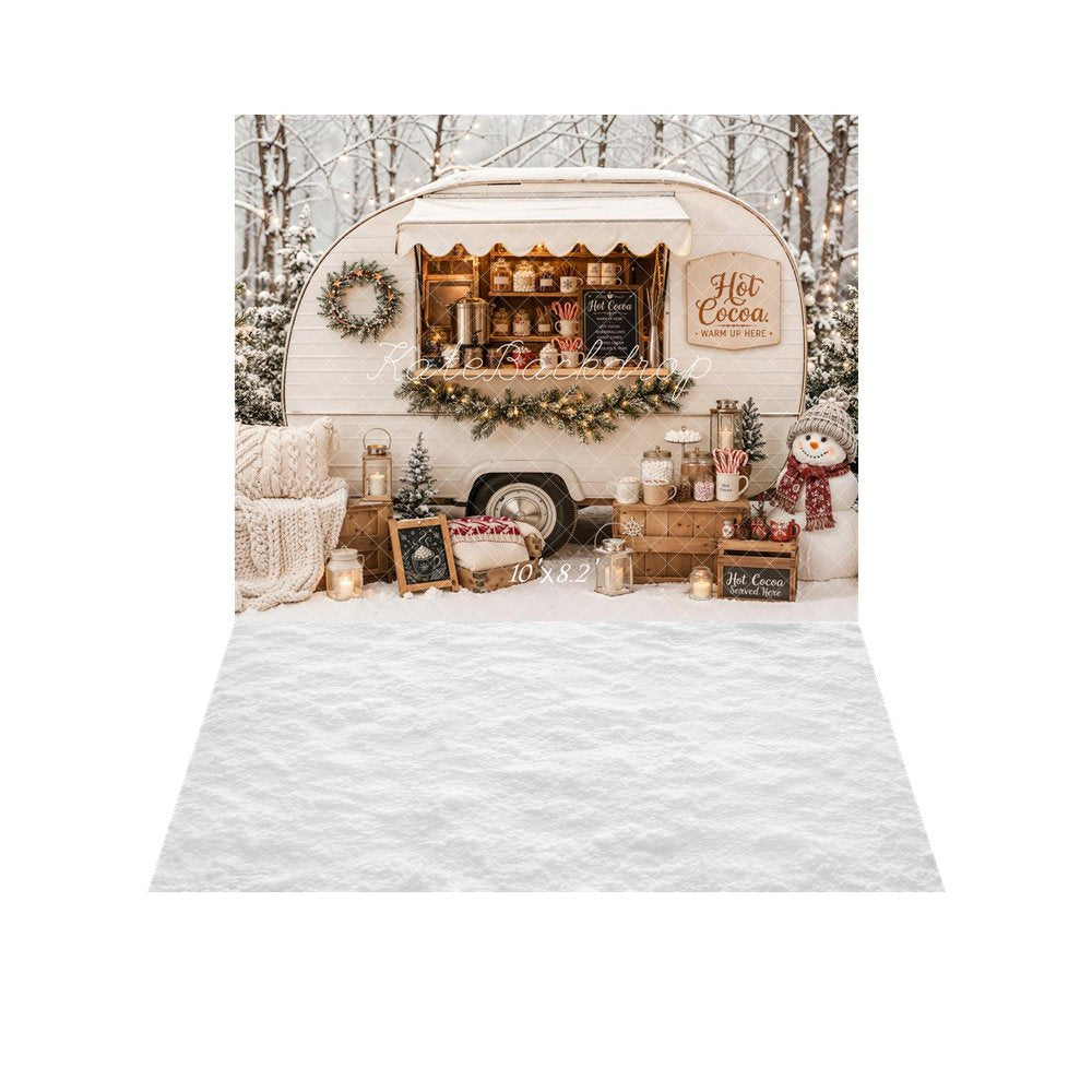Kate Christmas Hot Cocoa Camper Snowy Forest Snowman Printed Backdrop+White Snow Floor Printed Backdrop