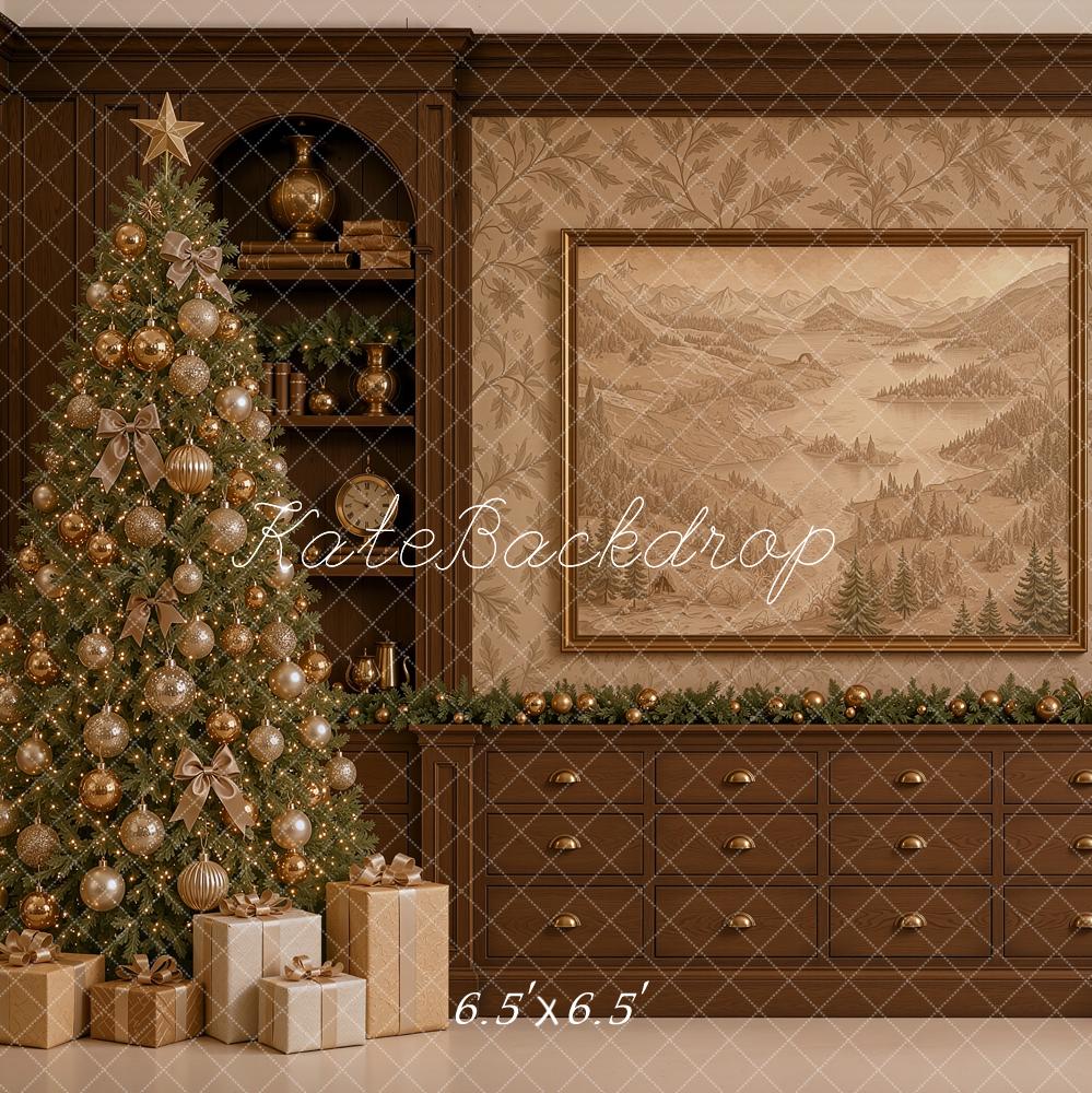 Kate Christmas Traditional Brown Library Cabinet Christmas Tree Printed Backdrop Designed by Shutter Swan Studios