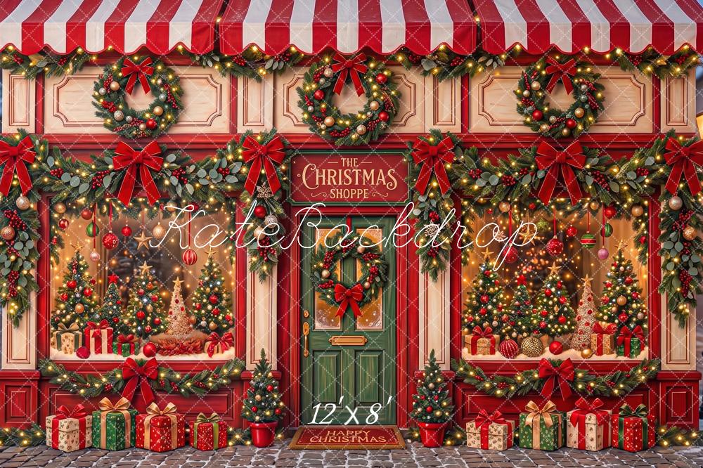 Kate Christmas Storefront Wreaths Gift Boxes Red Striped Awning Bow Printed Backdrop Designed by Angela Miller