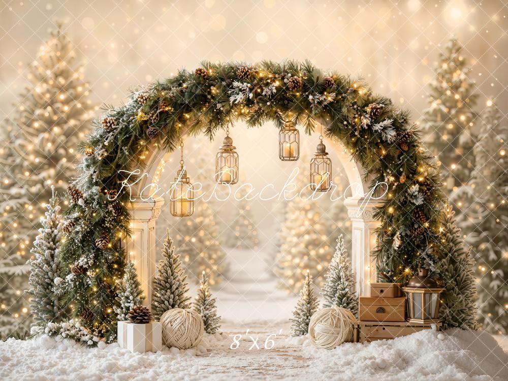 Kate Christmas Garland Arch Lanterns Snowy Trees Printed Backdrop Designed by Emetselch
